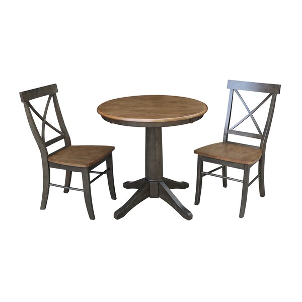 International Concepts Round 30 in Rd Top Pedestal Table, 2 X-Back Chairs, Hickory/Washed Coal, 30 W, 30 L, 29.9 in H, Wood K45-30RT-27B-C613-2 - main